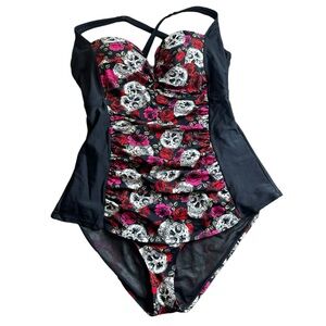 Torrid Black and Pink Skull Print One Piece Swimsuit
